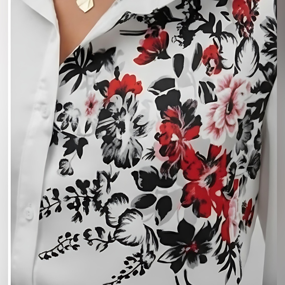 White Floral Print Button Down Blouse - Picture 2 of 5